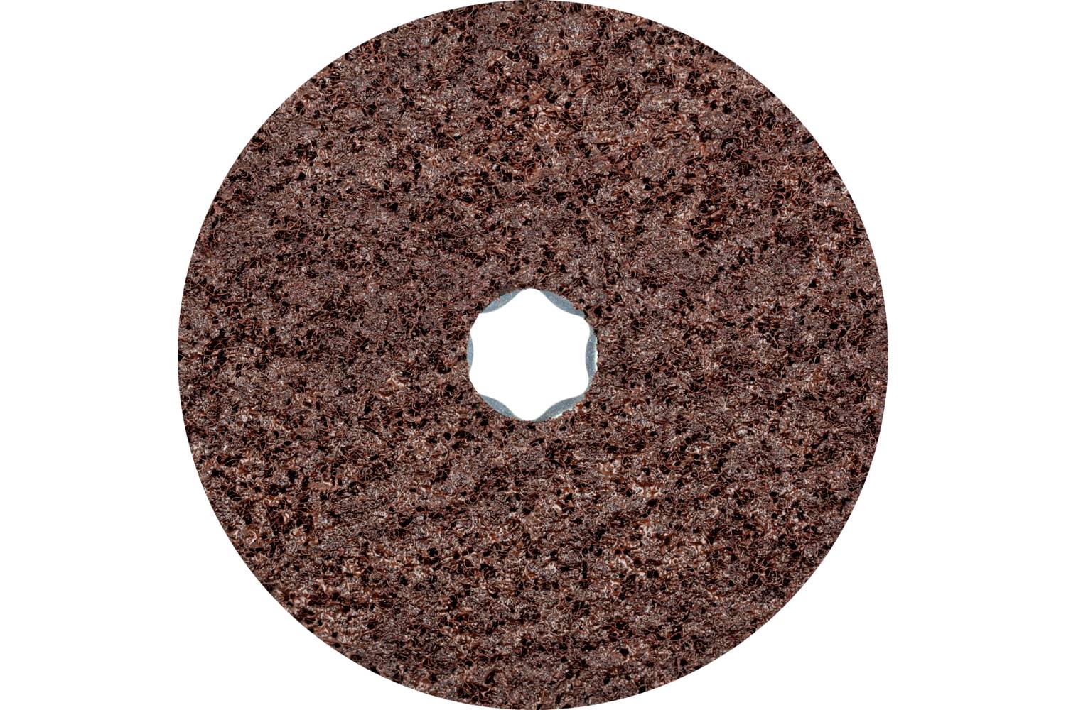 Un disque rond et brun avec une ouverture en forme d'étoile au centre, souvent utilisé pour des travaux de ponçage sur des surfaces métalliques.