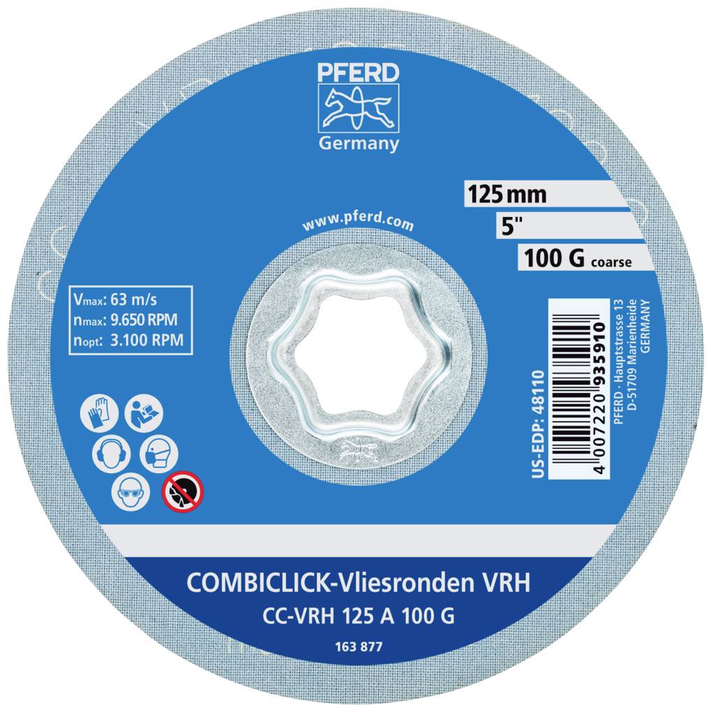 Autocollant bleu-gris pour disque abrasif avec indications de taille : 125 mm et 5 pouces, grain : 100 G, vitesse de rotation : 9650 tr/min.