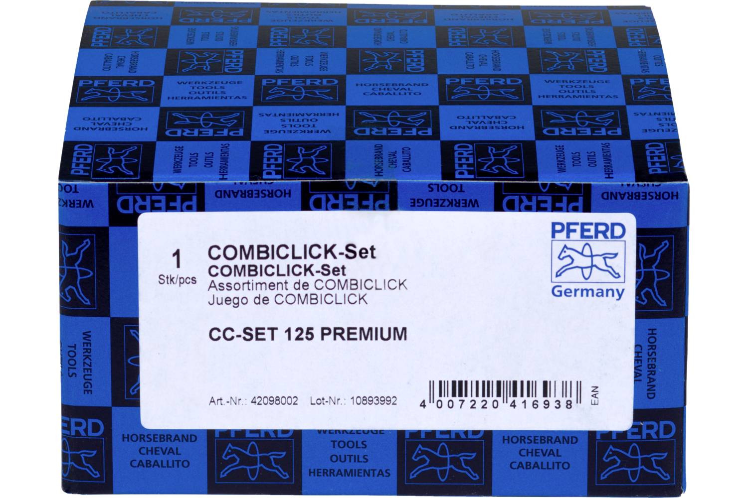 Une boîte bleue de rangement pour chevaux avec l'étiquette 'COMBICLICK-Set CC-SET 125 PREMIUM', contenant des disques abrasifs, détails du fabricant en bas.