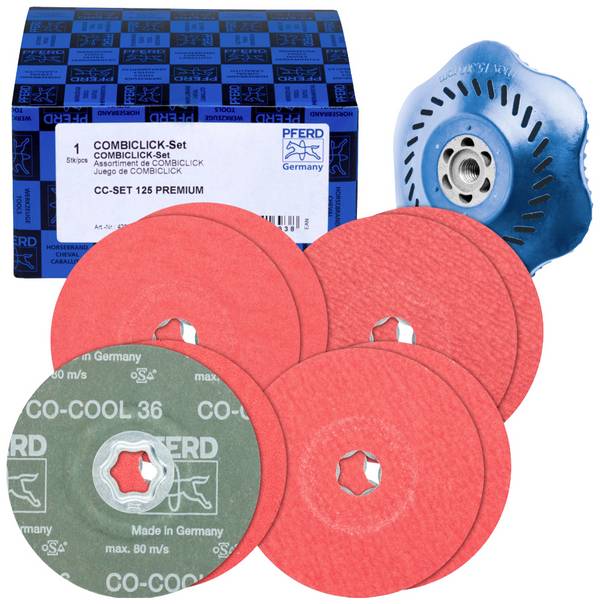 PFERD TOOLS 42098002 SET de disques en fibre de verre COMBICLICK grain céramique Ø125mm CO-COOL 36, 60, 80, 120 avec plateau de support CC-H-GT pour acier inoxydable Diamètre 125 mm