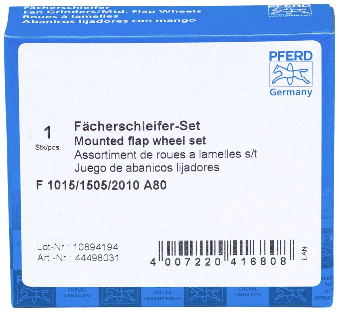 Coffret de disques abrasifs à éventail, avec emballage présentant les détails du produit en plusieurs langues. Comprend des informations techniques et les coordonnées du fabricant.