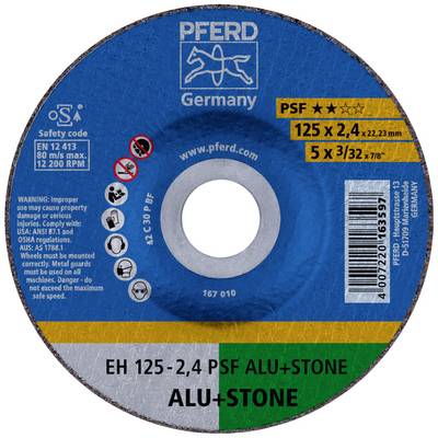 Disque à tronçonner 'PFERD Germany', 125 x 2,4 mm pour aluminium et pierre. Avertissements : Porter une protection oculaire, ne pas utiliser un disque endommagé.