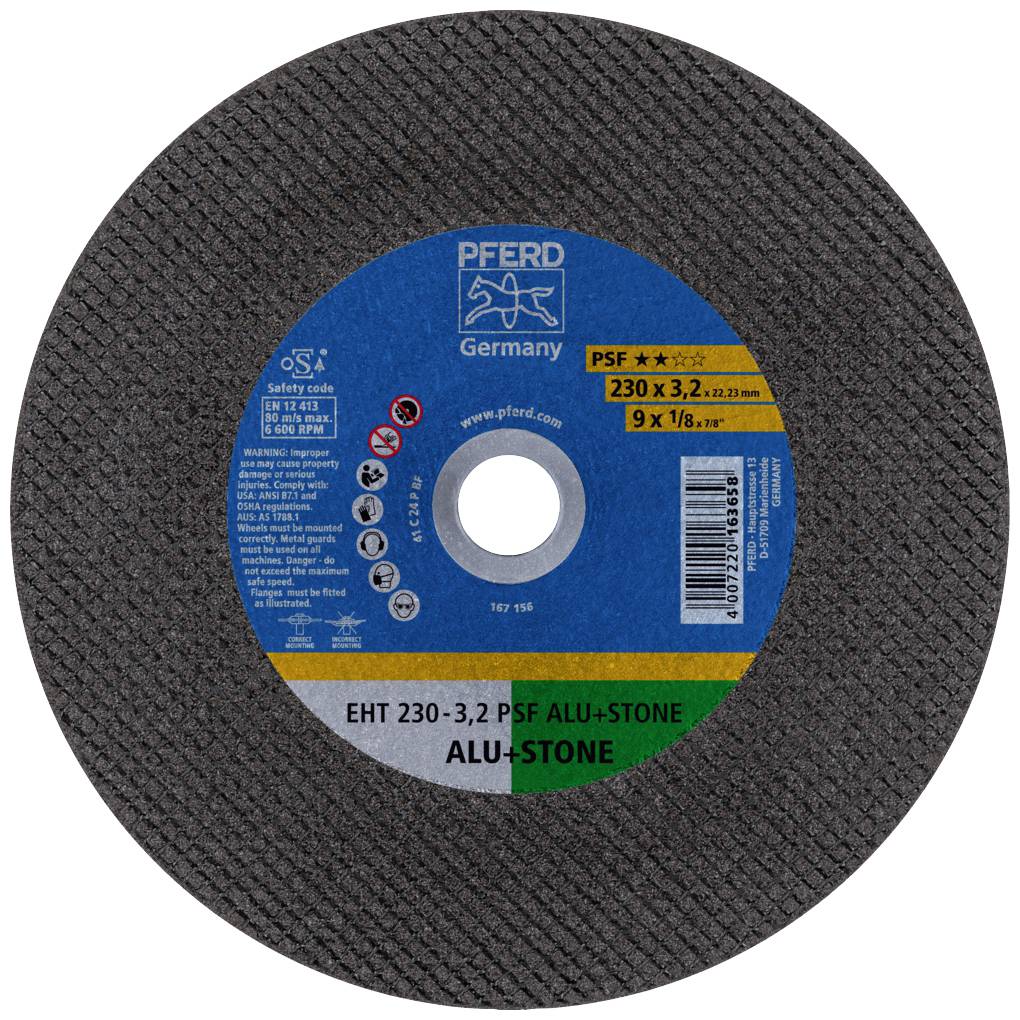 Disque à meuler avec étiquette bleue, marque 'Pferd Germany', dimensions 230 x 3,2 mm. Adapté pour l'aluminium et la pierre.