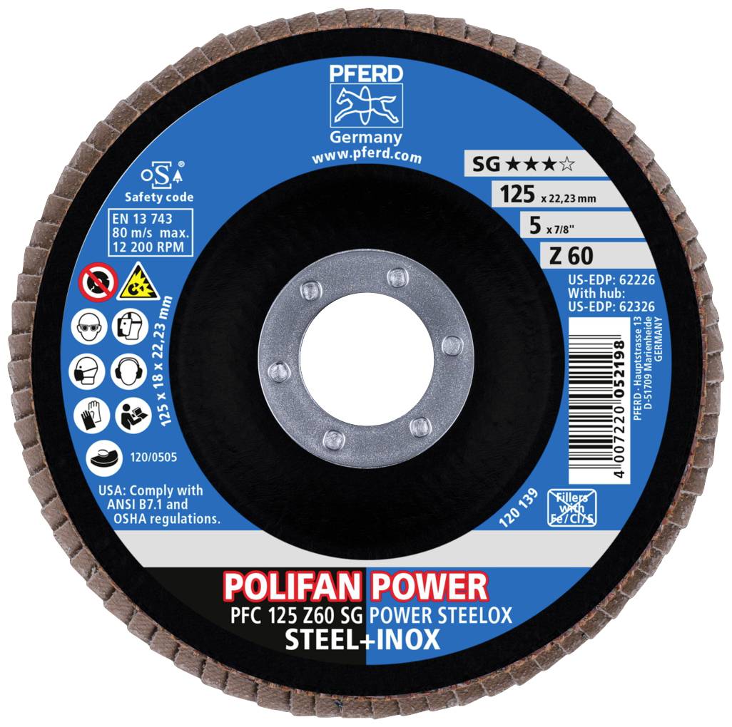Disque à meuler de PFERD pour acier et inox, modèle 'Polifan Power'. Diamètre 125 mm, jusqu'à 12 200 tr/min, adapté à différents métaux.