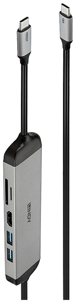 Lindy 43326, Avec fil, USB 3.2 Gen 1 (3.1 Gen 1) Type-C, 100 W, Noir, Gris, MicroSD (TransFlash), SD, 5 Gbit/s-0