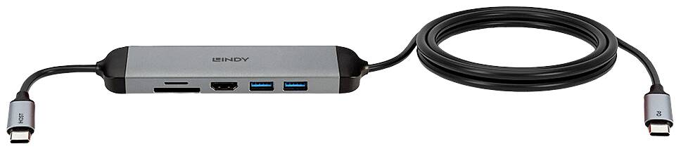 Lindy 43326, Avec fil, USB 3.2 Gen 1 (3.1 Gen 1) Type-C, 100 W, Noir, Gris, MicroSD (TransFlash), SD, 5 Gbit/s-3