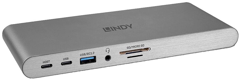 Un périphérique de station d'accueil USB gris avec plusieurs ports : deux ports USB-C, un port USB-A, une prise casque, des emplacements pour cartes SD et MicroSD.