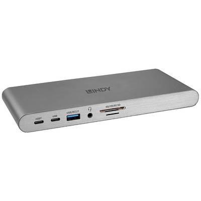 Un périphérique de station d'accueil USB gris avec plusieurs ports : deux ports USB-C, un port USB-A, une prise casque, des emplacements pour cartes SD et MicroSD.