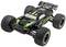 Une voiture télécommandée modèle 'Black Slider 4WD' en noir et vert, avec de grandes roues tout-terrain, idéale pour les courses hors route.