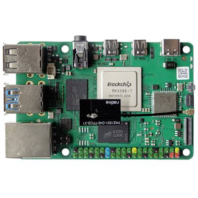 Un module de carte de circuit imprimé vert avec plusieurs ports USB, un processeur Rockchip et d'autres composants électroniques.