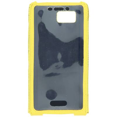 Étui pour appareil mobile avec bordure jaune et ouvertures pour caméra et connexions, le design protège et s'adapte à l'appareil.