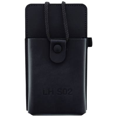 Sac en cuir noir avec logo imprimé 'LH S02', fermeture à cordon et bouton-pression. Adapté pour les petits appareils électroniques.
