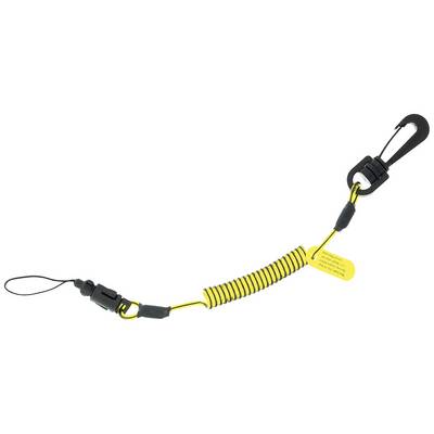 Cordon spiral jaune équipé d'un mousqueton de sécurité à une extrémité et d'une boucle en plastique à l'autre, destiné à attacher et sécuriser des objets.