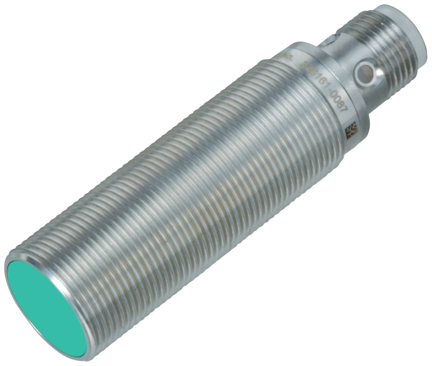 Un capteur cylindrique métallique. Face avant en vert. Adapté aux applications industrielles pour la détection d'objets.