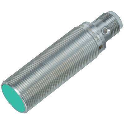 Un capteur cylindrique métallique. Face avant en vert. Adapté aux applications industrielles pour la détection d'objets.