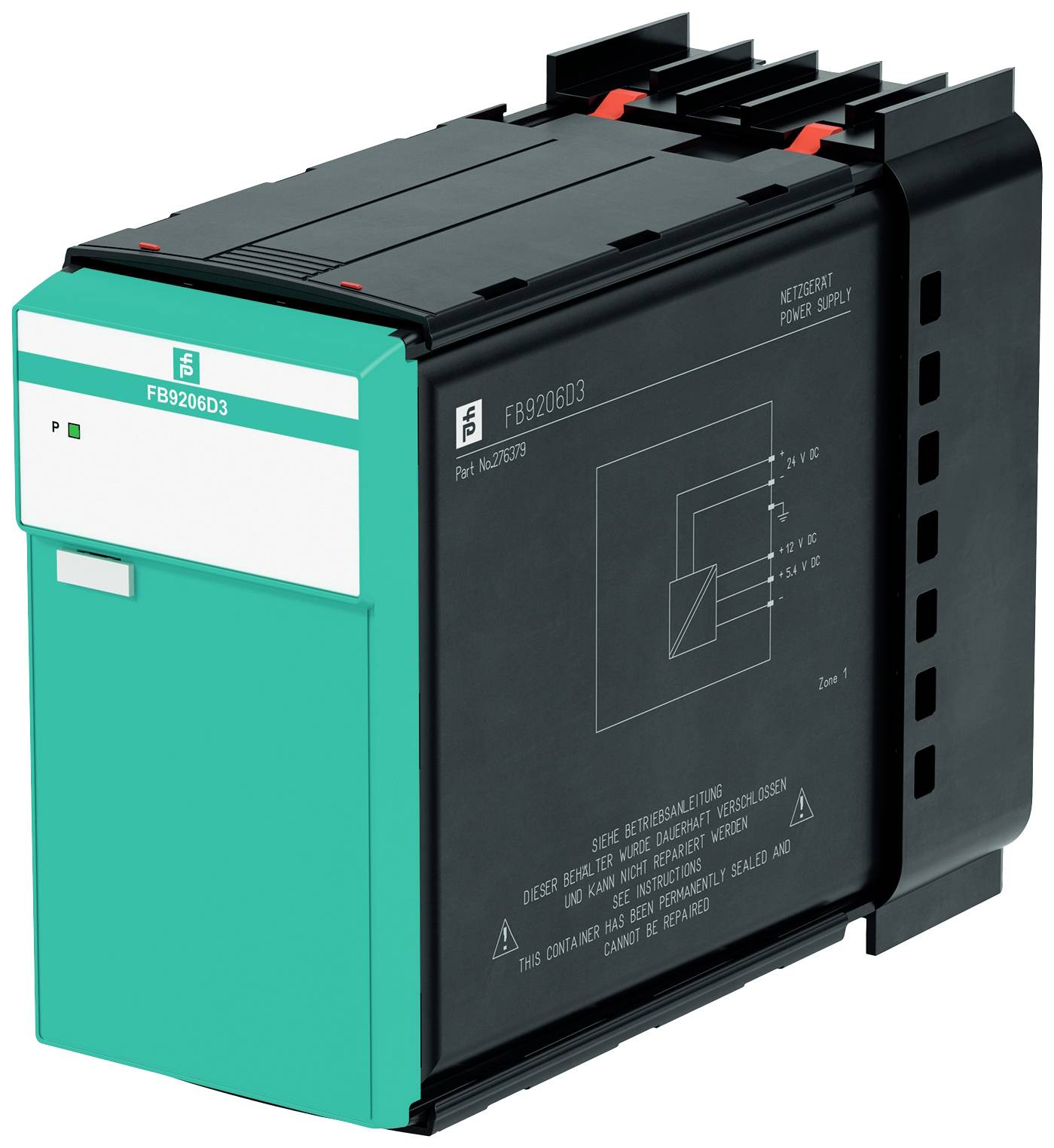Bloc d'alimentation industriel en noir et turquoise avec des inscriptions indiquant le modèle et la puissance. Adapté pour une utilisation dans les systèmes de contrôle industriels.