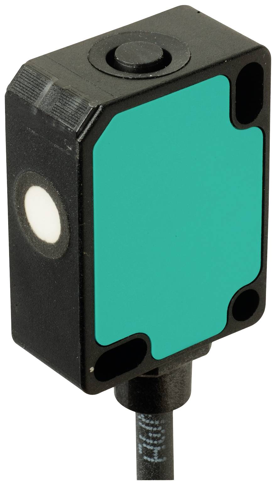 Un capteur rectangulaire avec un champ frontal vert et un boîtier noir. Utilisé pour la détection d'objets dans des applications industrielles.