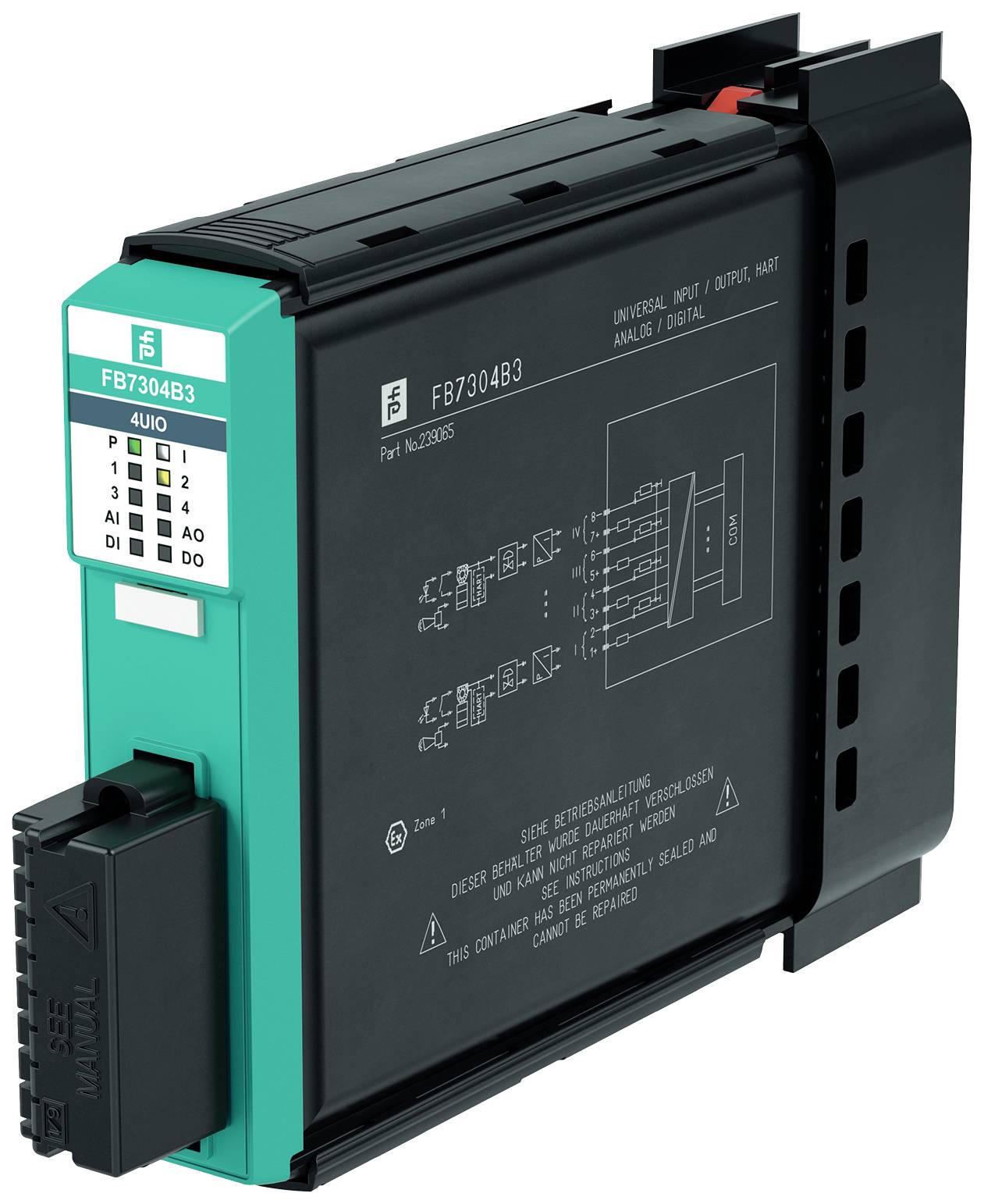 Un composant électronique industriel portant l'inscription 'FB7304B3'. Présente des connexions et des spécifications techniques sur sa surface noire.