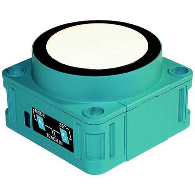 Un capteur à ultrasons bleu avec trois touches : 'Mode', 'Set', 'Teach In', et deux LED 'A1' et 'A2' sur la face avant.