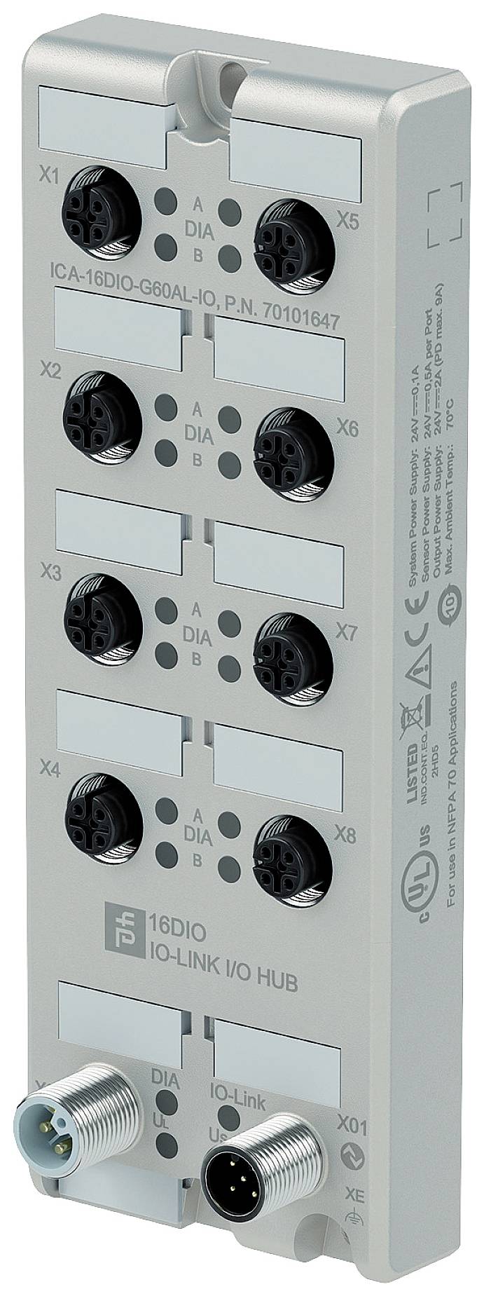 Le '16DIO IO-Link IO Hub' présente un composant électronique avec différentes connexions et spécifications techniques sur sa face avant.