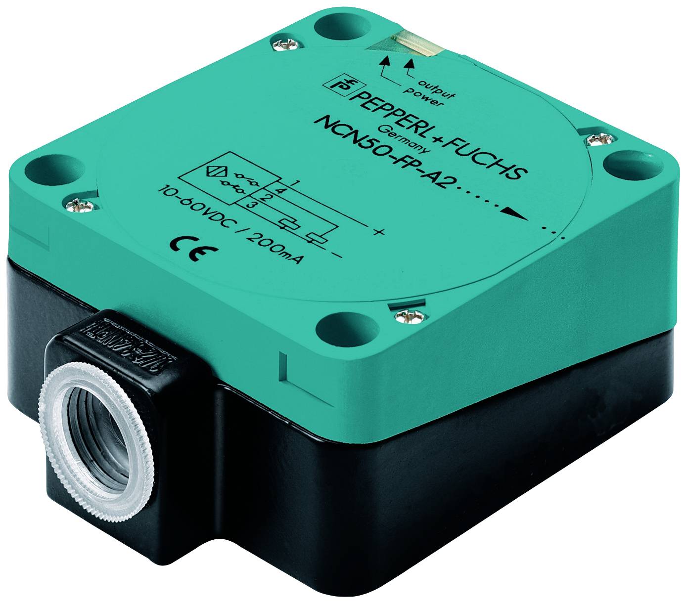 Un capteur de proximité carré vert à coins arrondis, fabriqué par Pepperl+Fuchs. Modèle : NCB50-PPA2, présentant des spécifications électriques.