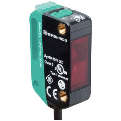 Un capteur rectangulaire de Pepperl+Fuchs, adapté pour 10-30 V DC, avec certification UL et CE, en noir et vert.