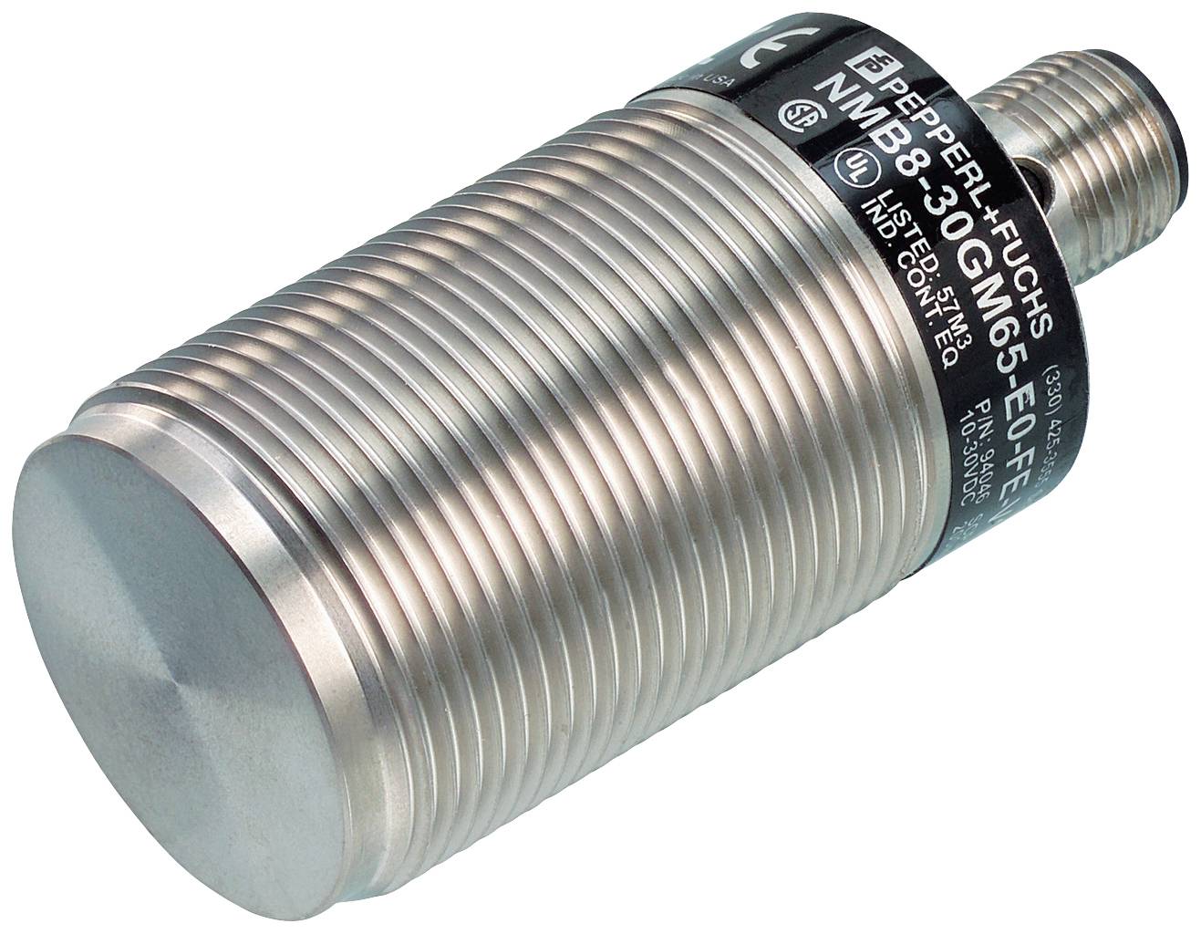 Capteur inductif cylindrique avec boîtier métallique, filetage et câble de connexion. Marqué avec des informations produit et le logo du fabricant.
