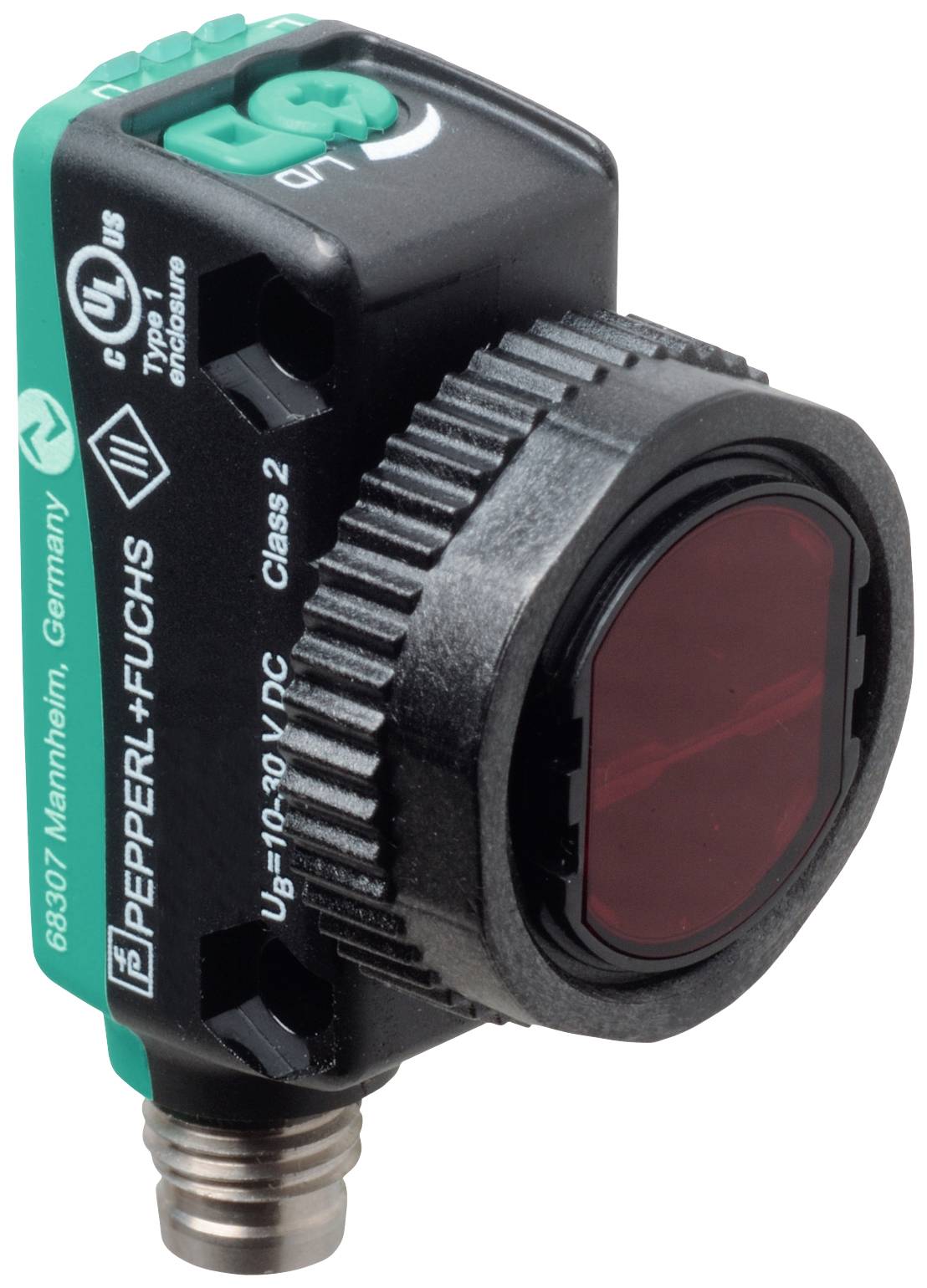 Un capteur optique de Pepperl+Fuchs avec une fenêtre de visualisation rouge, une étiquette de modèle et des logos sur un boîtier noir.
