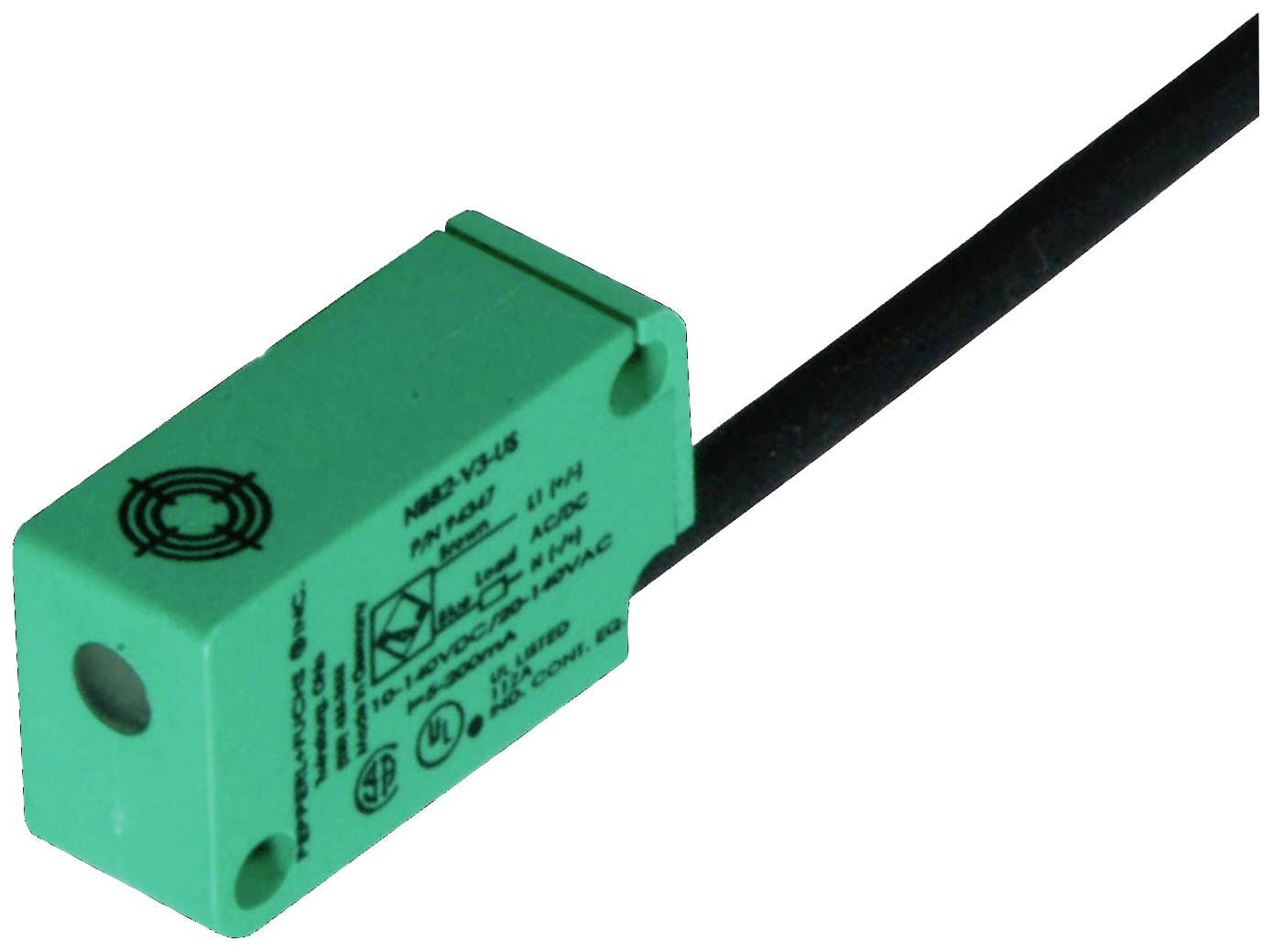 Capteur de proximité rectangulaire de couleur verte avec câble noir, utilisé pour la détection de circuits sans contact, portant des marquages techniques.