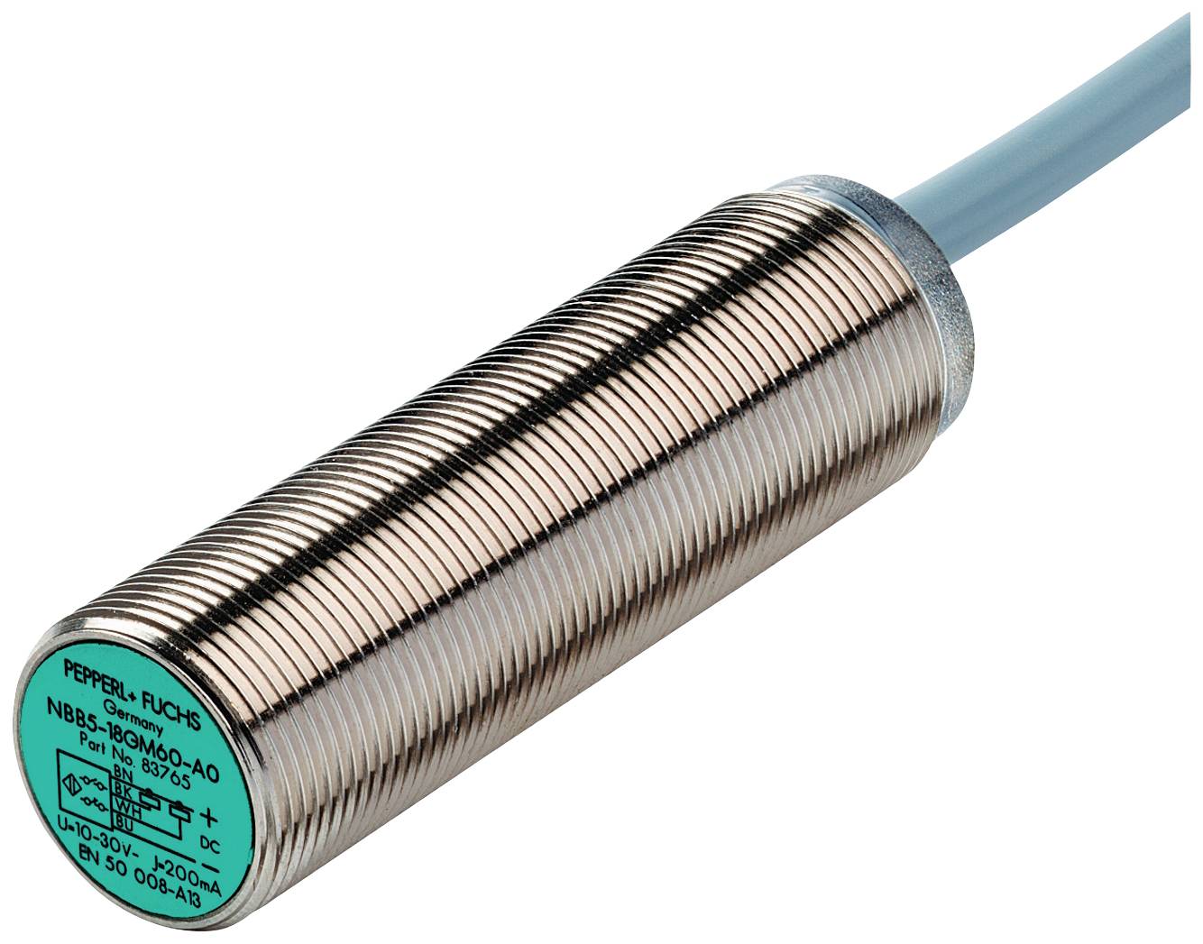 Un capteur de proximité cylindrique, connecté à un câble bleu. Sur la face avant se trouvent les spécifications techniques.