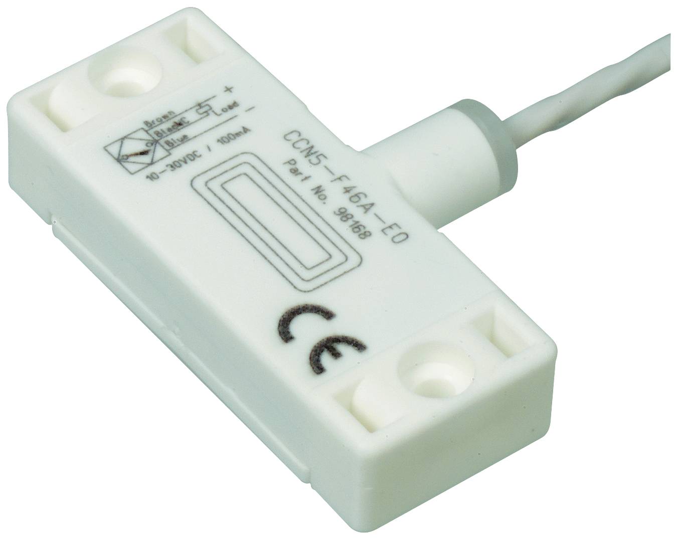Un interrupteur magnétique rectangulaire blanc avec marquage CE et connexion par câble. Les inscriptions comprennent des informations sur le modèle et la tension.