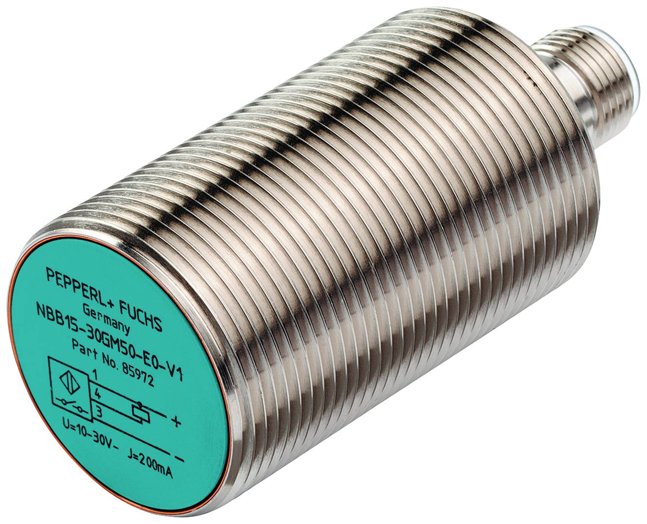 Capteur cylindrique de Pepperl+Fuchs, modèle NBB15-30GM50-E0-V1, avec étiquette verte et boîtier métallique.