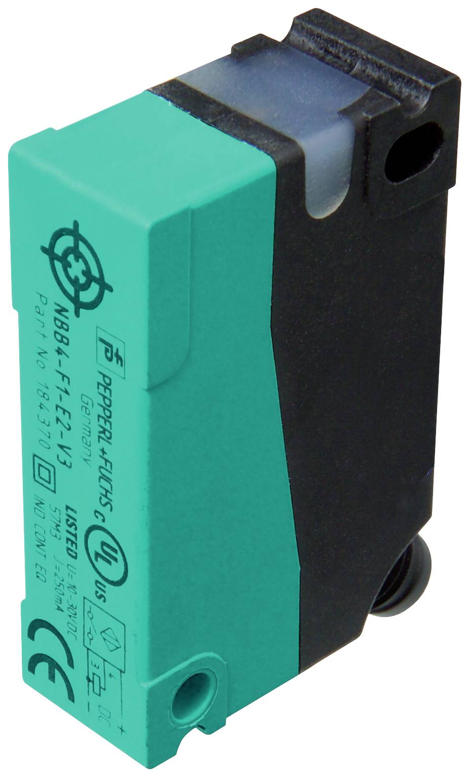 Un capteur de proximité inductif vert dans un boîtier noir, utilisé pour la détection sans contact d'objets dans des applications industrielles.