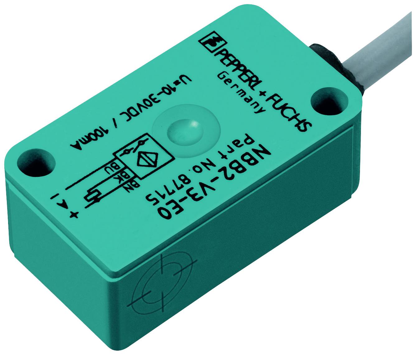 Un capteur rectangulaire vert de Pepperl+Fuchs, modèle n° NBB2-V3-E0, pour applications industrielles, avec câble de connexion.
