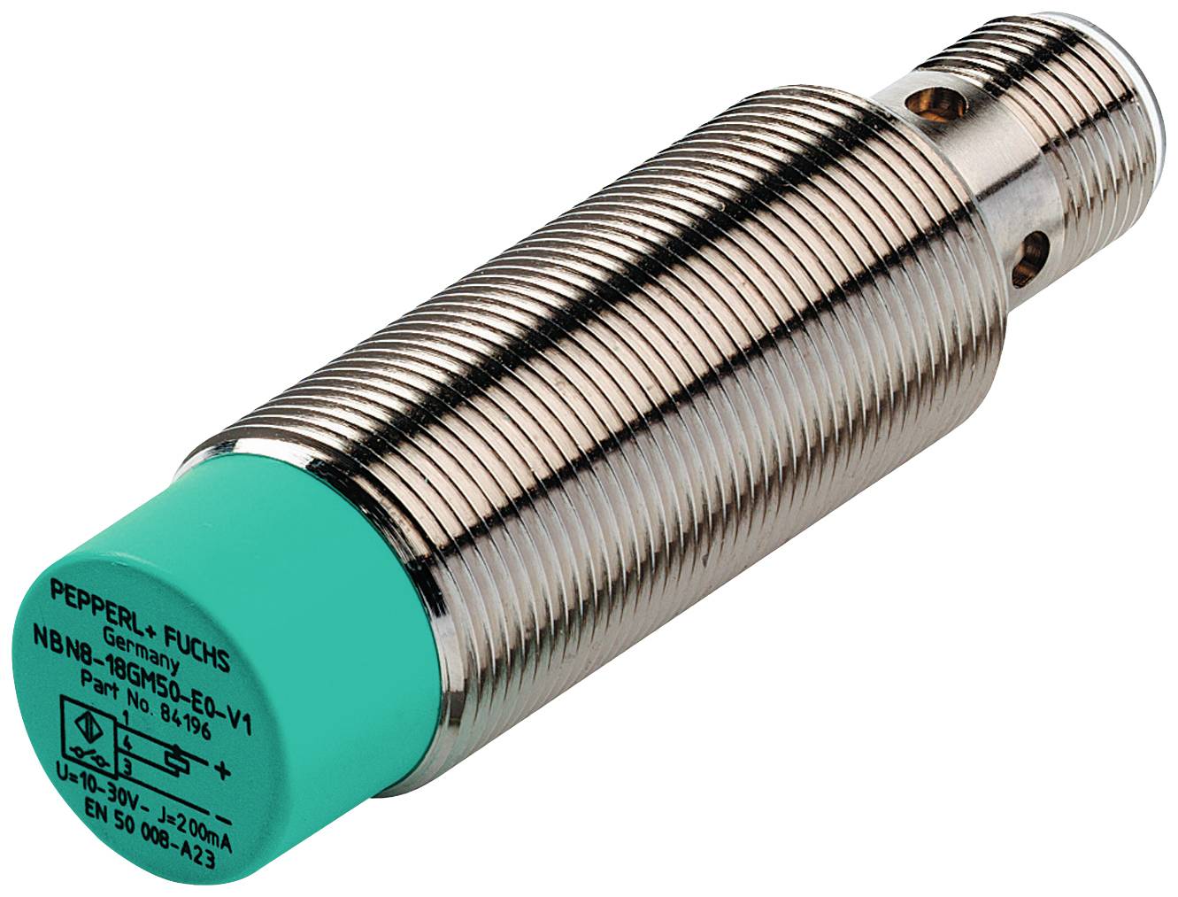 Capteur inductif cylindrique avec boîtier métallique, capuchon d'extrémité vert et filetage de raccordement. Marqué : 'Pepperl + Fuchs, NB10-30GM50-E2-V1'.