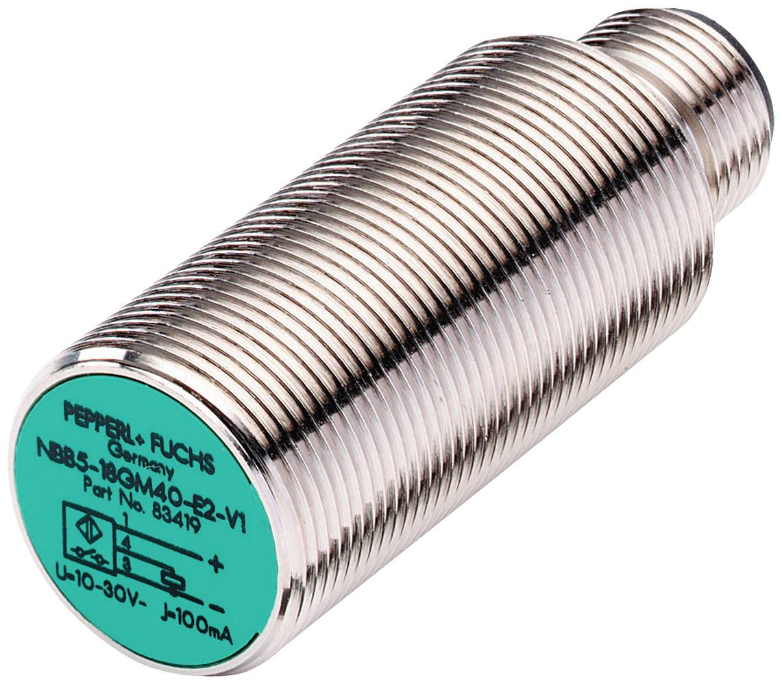 'Capteur inductif cylindrique de Pepperl+Fuchs, modèle NBB5-18GM40-E2-V1, adapté pour des tensions de 10-30V et des courants jusqu'à 100mA.'
