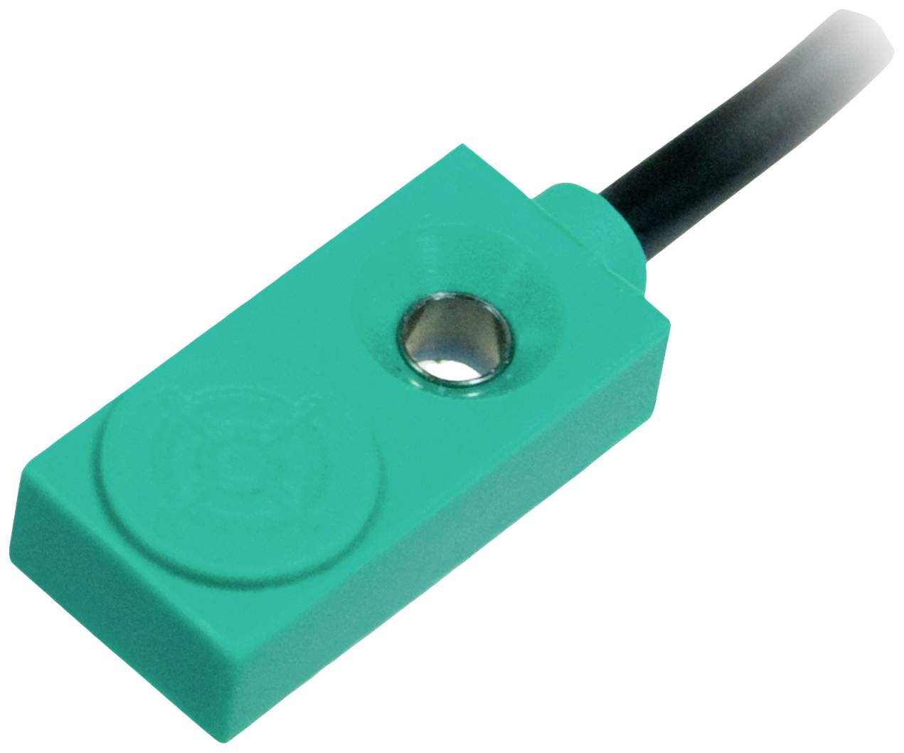 Capteur de proximité rectangulaire vert avec connexion de câble bleue. Le capteur dispose d'une unité de détection métallique au centre.