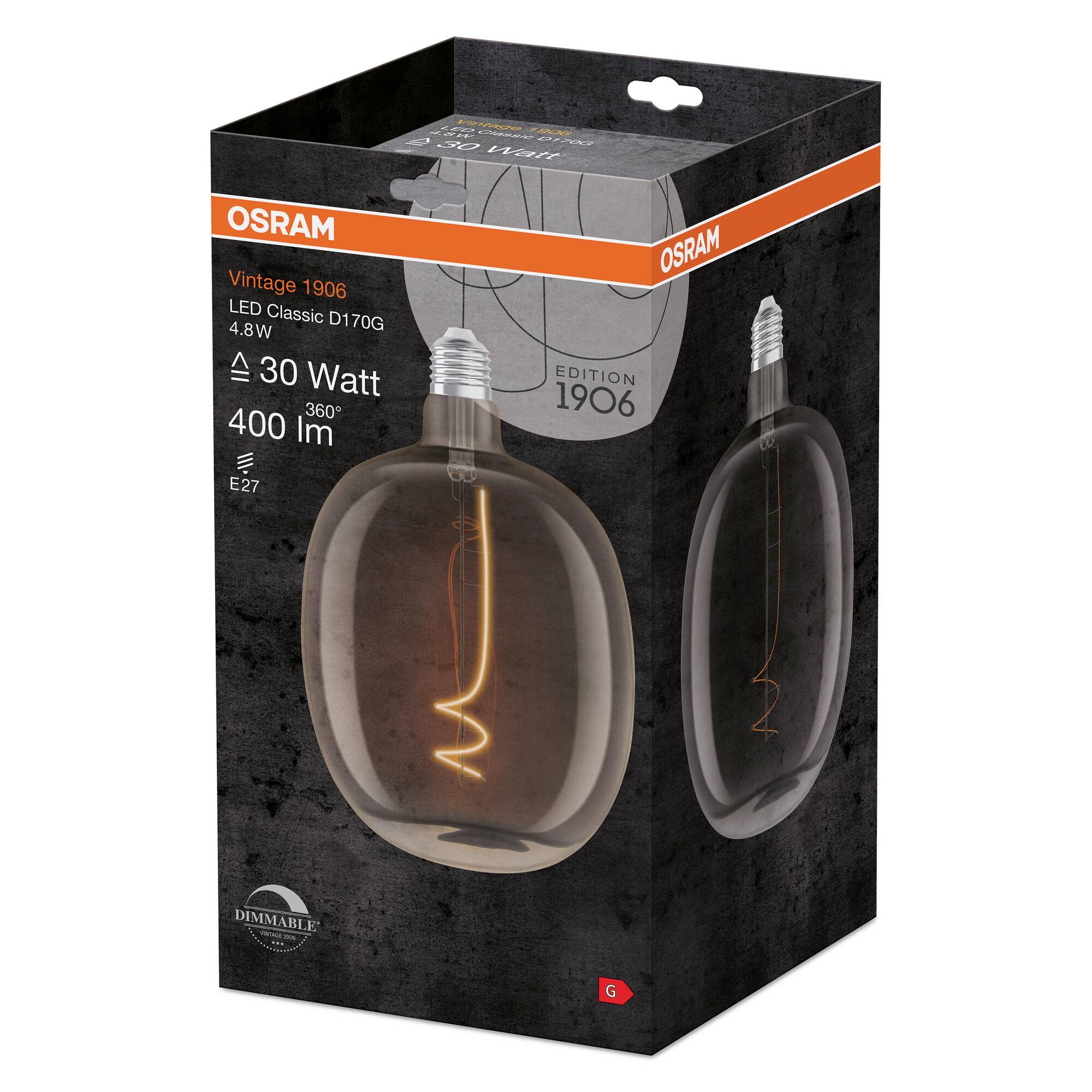 Emballage d'une ampoule LED Osram Vintage 1906, culot E27, 30 watts, 400 lumens, dimmable. Design avec filament dans un style rétro.
