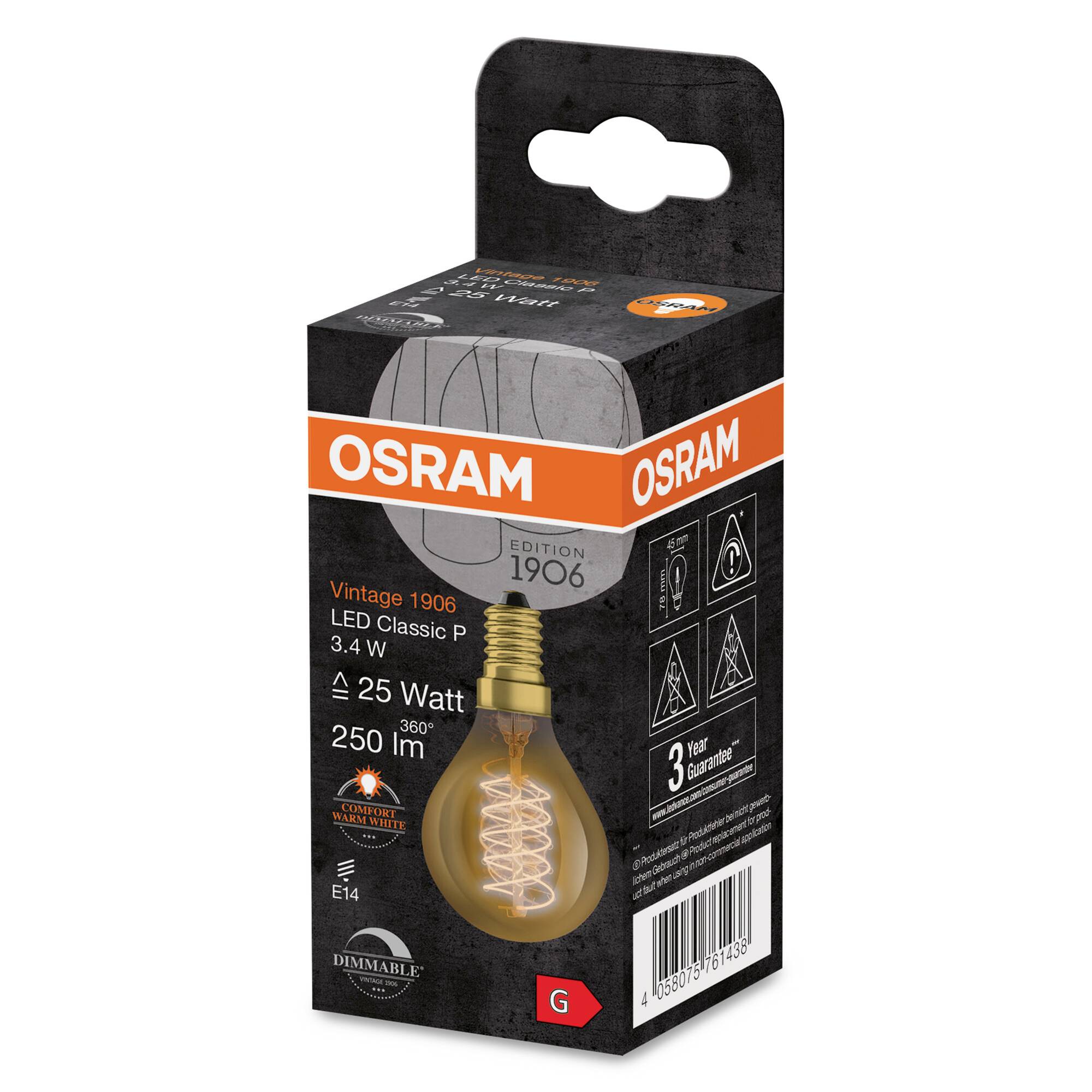 Un emballage d'une ampoule LED Osram 'Vintage 1906 LED Classic P'. Spécification : 3,4 watts, 250 lumens, dimmable, culot E14.