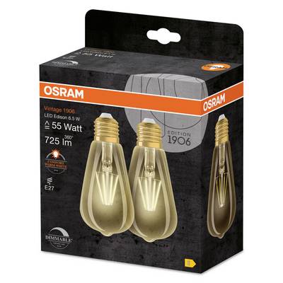 Emballage de lampes LED 'OSRAM Vintage 1906' avec 2 ampoules vintage dimmables de 6,5W, équivalent 55 watts, blanc chaud, 725 lumens.