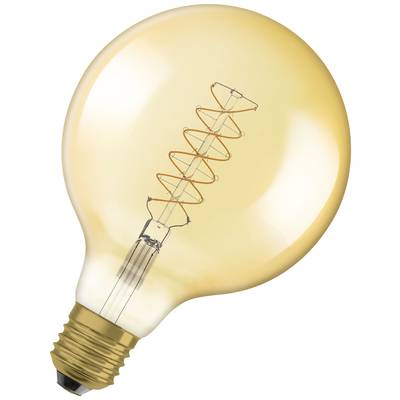 Une ampoule LED incandescente avec un filament spiralé visible dans un ton or doré. Adaptée pour un éclairage décoratif.