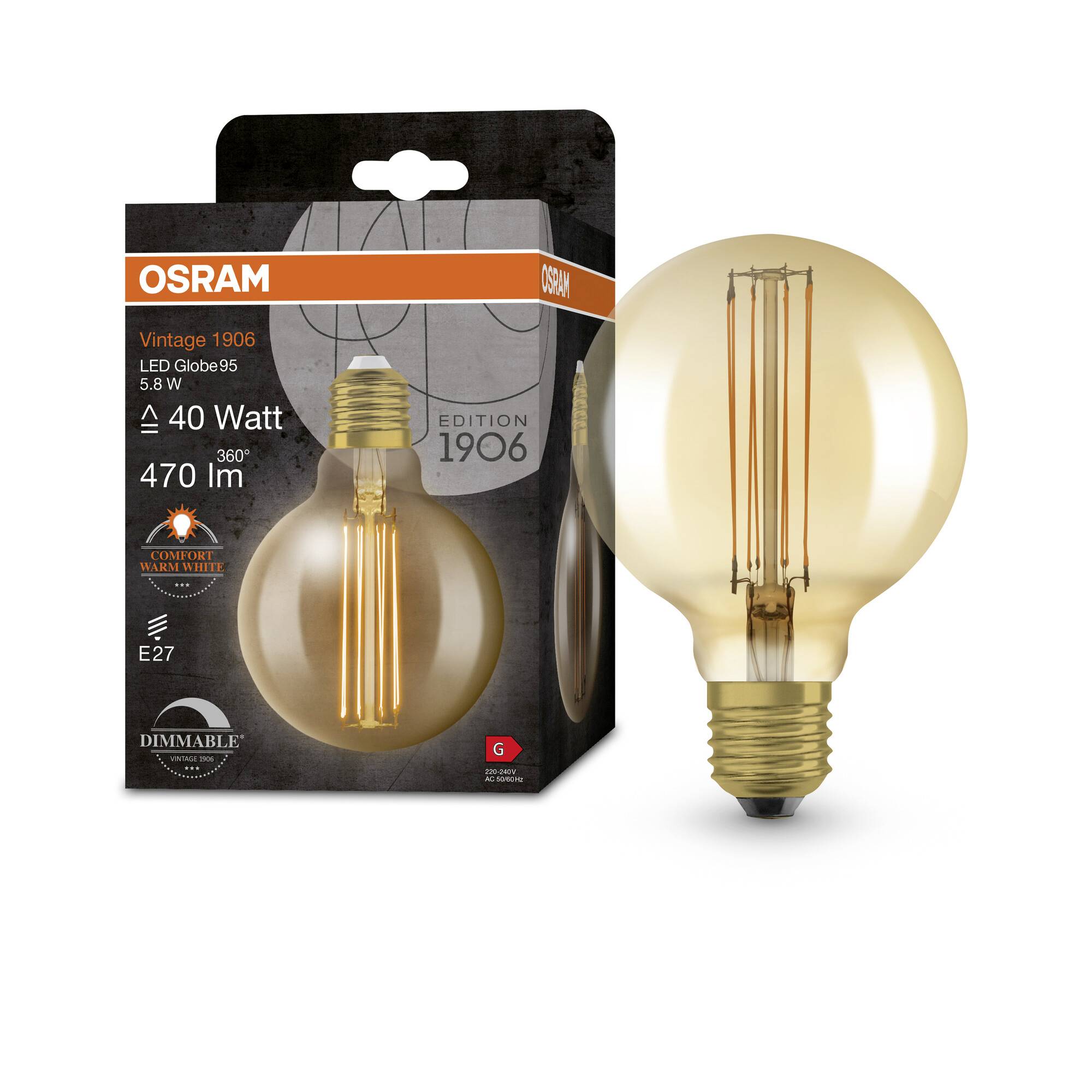 Ampoule LED 'Osram Vintage 1906', 40 watts, E27, 470 lumens, dimmable, présentée dans son emballage. Design rétro avec patine dorée.