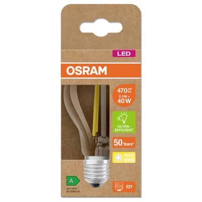 Emballage d'ampoule LED OSRAM présentant une ampoule E27 blanc chaud ultra-efficace, 2,2W, 470 lm, équivalente à 40W, classement énergétique A, 50 ans.