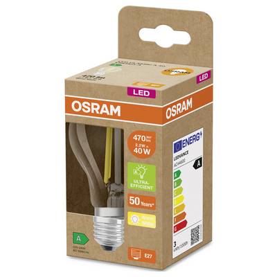 Emballage d'une ampoule LED OSRAM, montrant l'ampoule à travers la fenêtre de la boîte et les étiquettes pour 470 lumens, 4.0W, blanc chaud, E27, classe énergétique A.
