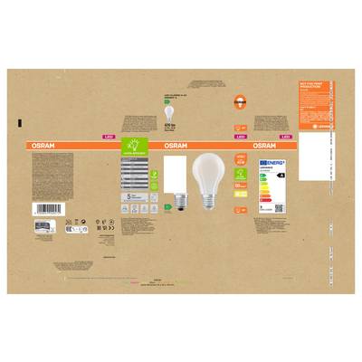 Emballage d'ampoule LED OSRAM avec image du produit, étiquette de classement énergétique, icônes de puissance et de luminosité, code-barres et informations techniques.