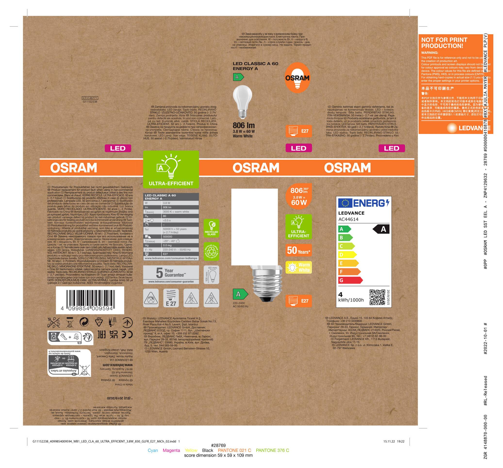 Emballage d'ampoule LED OSRAM avec image du produit, 806 lm, 8,5W, culot E27, étiquette « non destiné à la production d'impression » et échelle d'efficacité énergétique UE.