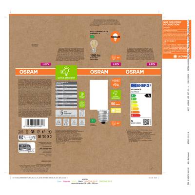 Étiquette d'emballage d'ampoule LED OSRAM avec image du produit, luminosité de 1055 lm, équivalent 75 W, culot E27, et classement énergétique A de l'UE.