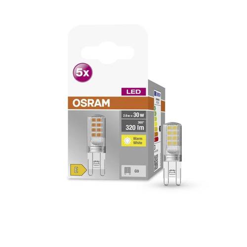 'Lampe LED Osram, lot de 5, 2,6 W équivalent 30 W, 320 lumens, blanc chaud, classe énergétique E.'