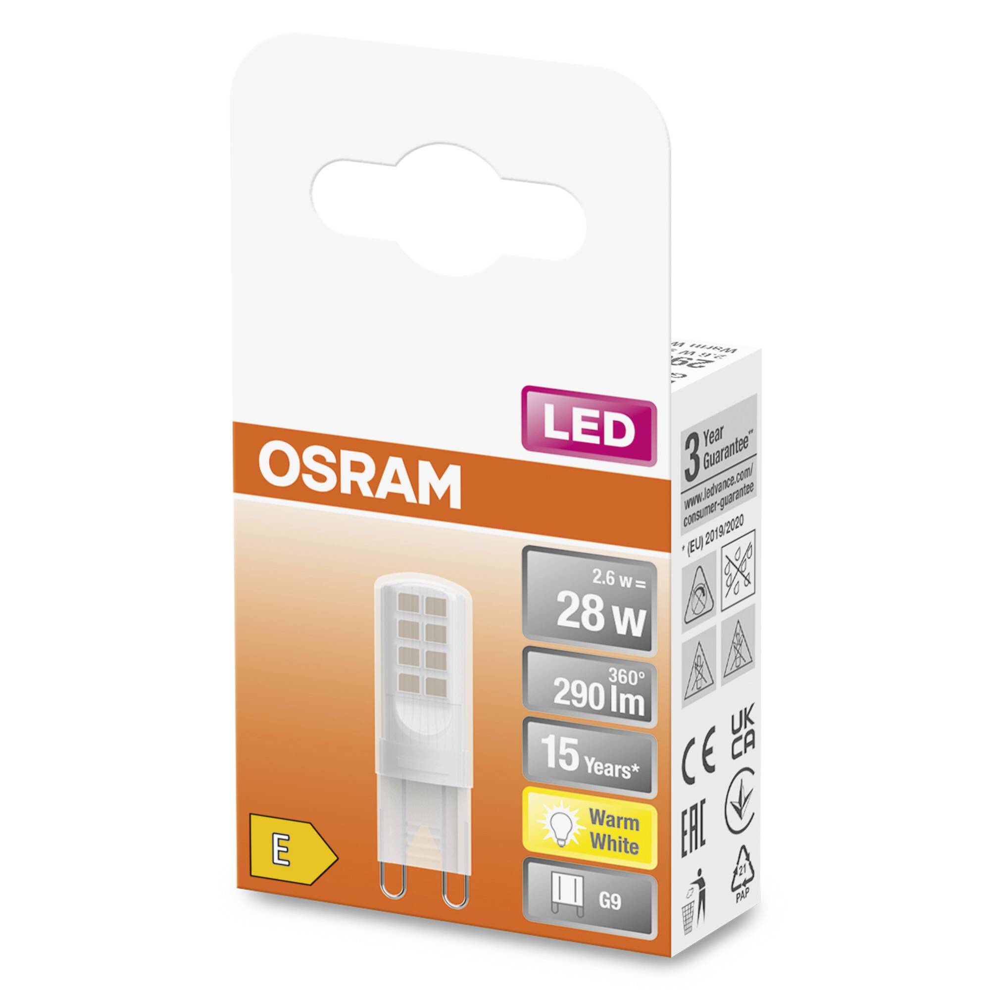 'Lampe LED Osram, 2,6W, remplace 28W, 290 lm, blanc chaud, angle de diffusion de 360°, culot G9, classe d'efficacité énergétique E, durée de vie de 15 ans.'
