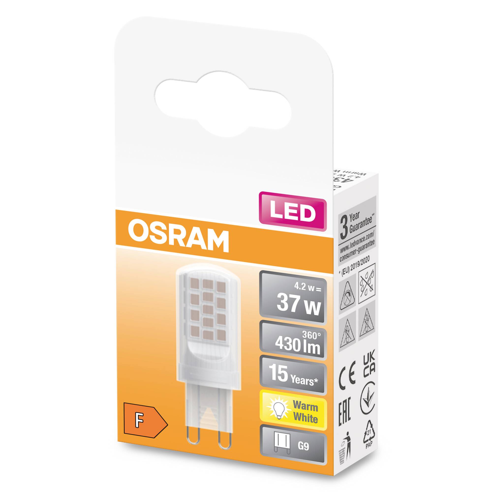 Lampe LED Osram, 4,2W, Remplacement 37W, 430 Lumens, Blanc Chaud, Classe énergétique F, Dimmable, Durée de vie de 15 ans. L'emballage présente la lampe et ses spécifications.